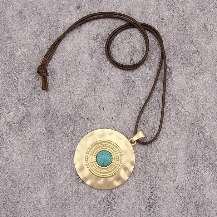 Boho Necklaces for Women Chunky Circle Necklace Layered Boho Circle Leather Choker Necklace Long Vintage Necklaces Bohemian Jewlery Gifts