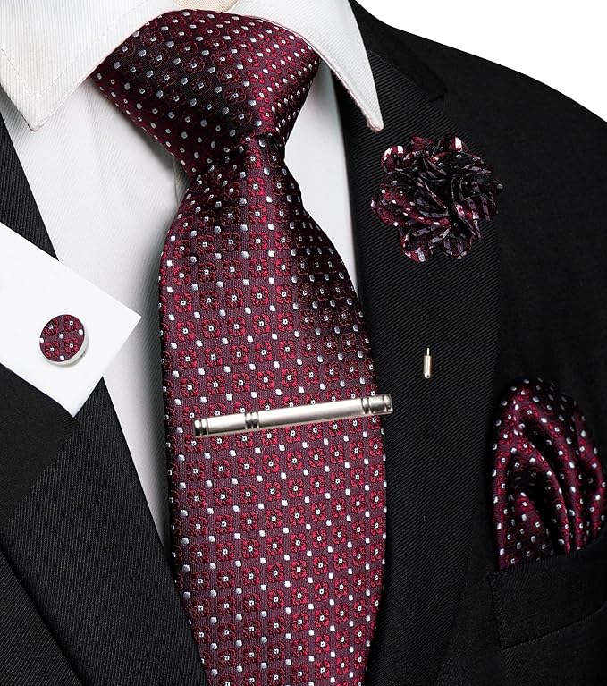 JEMYGINS Mens Tie and Lapel Pin Necktie Pocket Square Cufflinks and Tie Clip Sets for Business Casual 5PCS