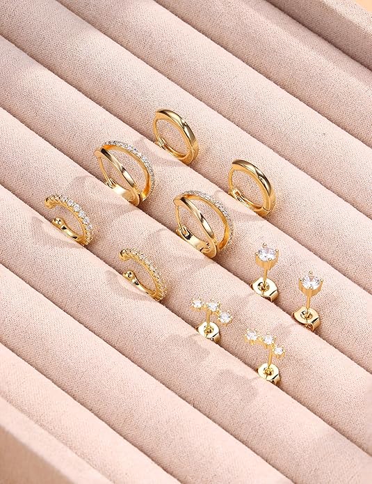 Florideco 925 Sterling Silver Earrings for Women Trendy Hypoallergenic Small Gold Hoop Earrings 14K Gold Plated Stud Earring Sets for Multiple Piercing CZ Ear Cuff Cartilage Earring Stacks