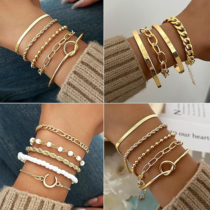 FAXHION 68 Pcs Gold Jewelry Set for Women with 7 Necklace, 17 Bracelet, 5 Hoop Earrings, 15 Stud Earrings, 24 Knuckle Rings for Women Jewelry Set for Women