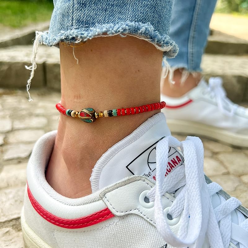 Made by Nami Boho Surfer Anklet Waterproof & Adjustable Beaded Anklets for Women Beachy Ankle Bracelet Made from Waxed Cotton Rope and Beads for Summer and Hippie Style (Red)