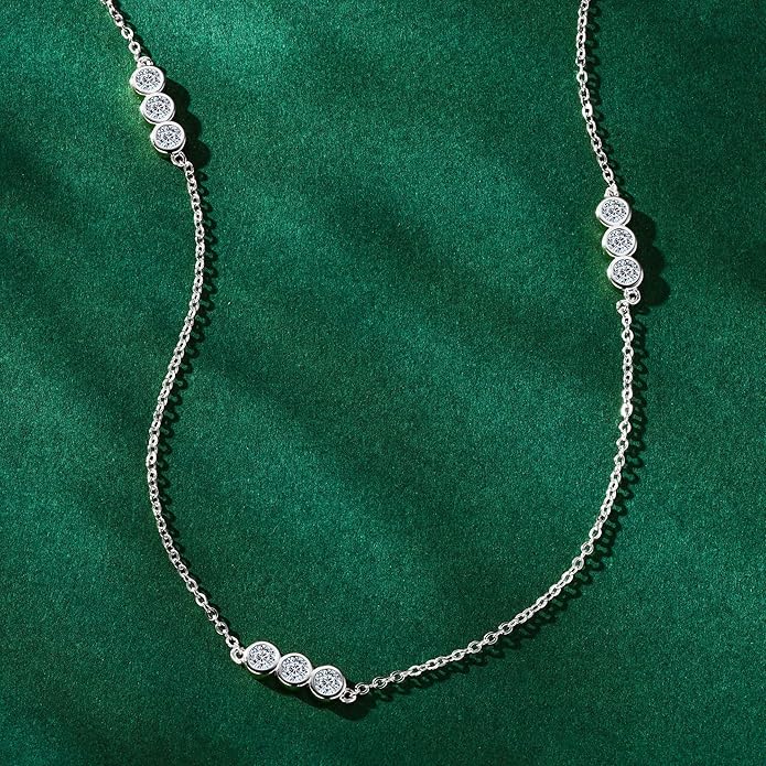 3-Stones Choker Necklace for Women, 0.9cttw D Color Moissanite Pendant 925 Sterling Silver Adjustable Chain, Elegant Jewelry Gifts for Wife or Mom