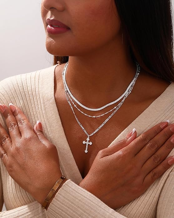 ASCOMY Gold Necklace for Women 14K Gold/Silver Plated Layered Necklaces Stackable Layering Cross Necklace Stacked Coin Pendant Pearl Herringbone Chain Stacking Gold Choker Trendy Jewelry Gift for Her