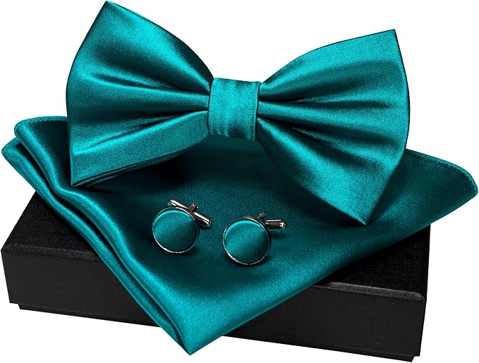 JEMYGINS Solid Color mens Pre-tied Bow Tie and Pocket Square Cufflinks Sets with Gift Box
