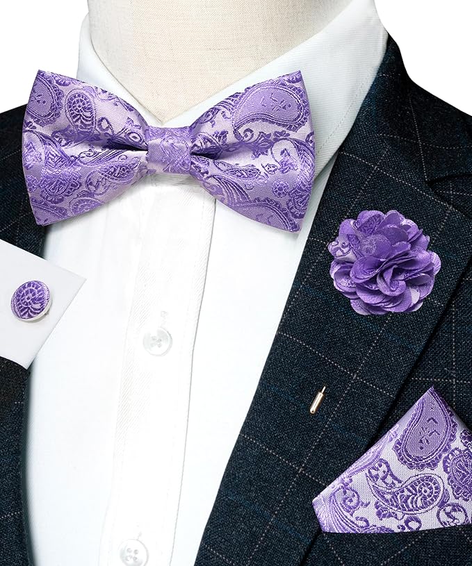 JEMYGINS Paisley Pre-tied Bow Tie and Pocket Square Cufflinks Lapel Pin Sets for Men 4PCS
