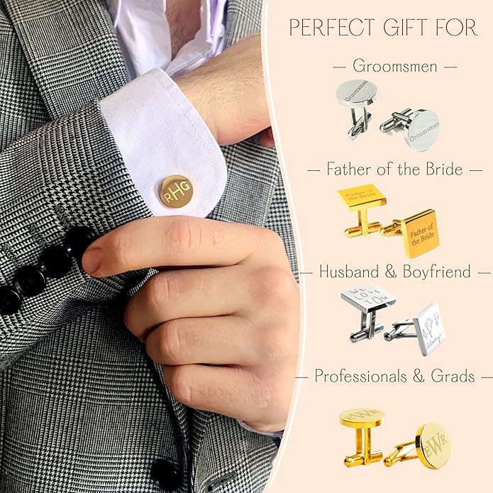 Custom Cuff Links & Personalized Tie Clip Gift Set for Men • Engraved Monogram, Date, Handwriting, Crest, Logo • Father's Day Gift for Dad • Gold, Silver, Black