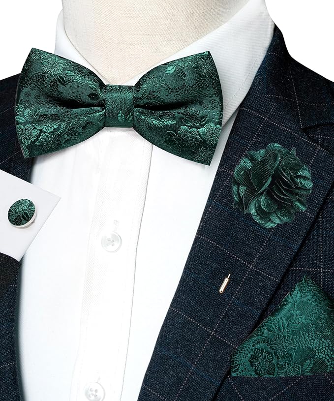JEMYGINS Floral Pre-tied Bow Tie and Pocket Square Cufflinks Lapel Pin Sets for Men 4PCS