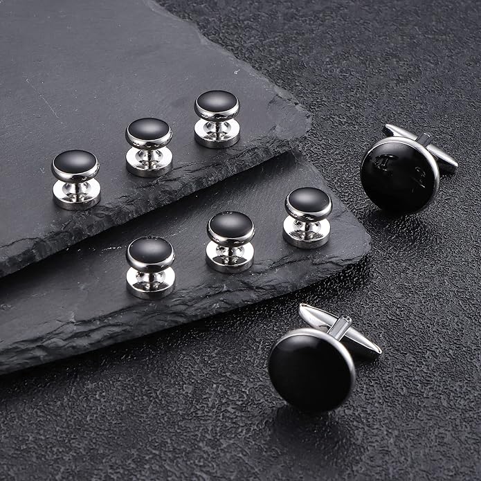 ORAZIO Cuff Links Mens Stainless Steel Cuff Links and Studs Set Gold Black Cufflinks for Men Tuxedo Studs Buttons for Formal Kit Business or Wedding Shirts