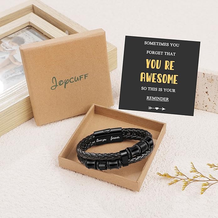 𝐆𝐢𝐟𝐭 𝐟𝐨𝐫 𝐌𝐞𝐧 Braided 𝐋𝐞𝐚𝐭𝐡𝐞𝐫 𝐁𝐫𝐚𝐜𝐞𝐥𝐞𝐭 for Men Dad Husband Boyfriend Son Grandson Brother Stainless Steel Clasp Engraved with Love You Forever Jewelry Birthday Gift 7.5 8.5 9 Inch