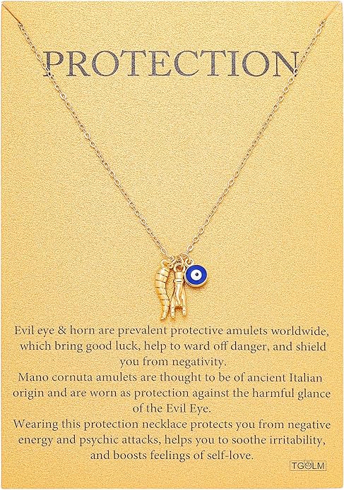 Dainty Blue Evil Eye Charm Horn Pendant Necklace for Women's Spiritual Protection Jewelry 14K Gold Plated