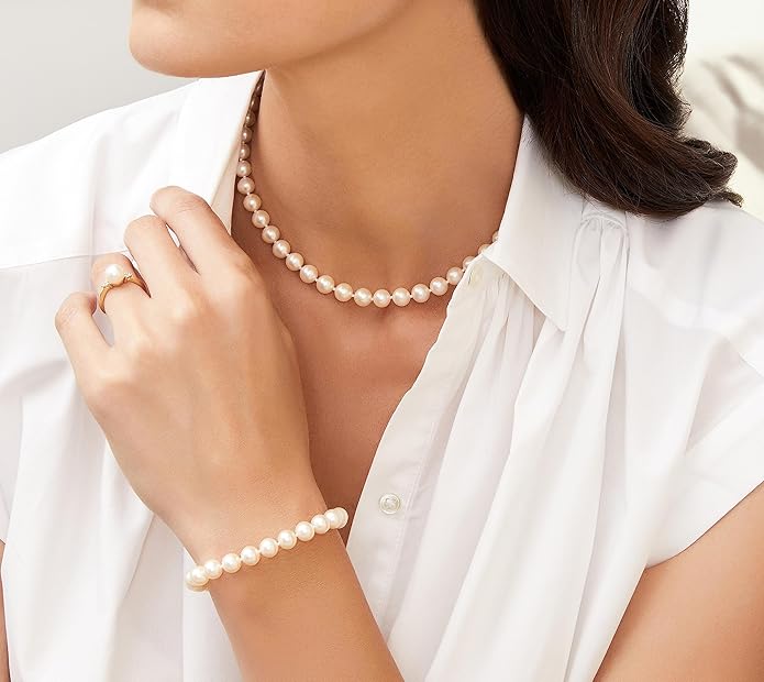The Pearl Source White Freshwater Pearl Bracelet for Women - Cultured Pearl Bracelet in 14k Gold Plated Sterling Silver Clasp with Genuine 7-8mm Cultured Pearls