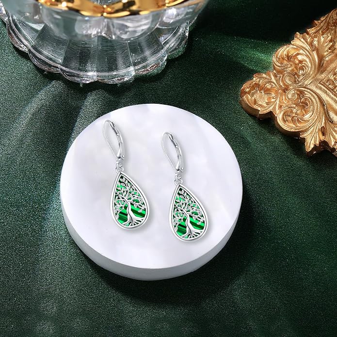 Tree of life Dangle Earrings Sterling Silver Moonstone/Turquoise/Malachite Earrings for Women Filigree Leverback Earrings Jewelry Gifts