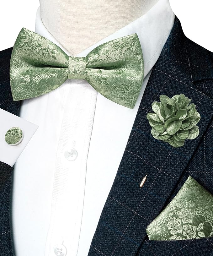 JEMYGINS Floral Pre-tied Bow Tie and Pocket Square Cufflinks Lapel Pin Sets for Men 4PCS