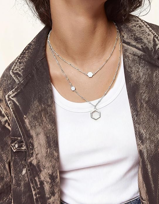 UBGICIG Honeycomb Layered Pendant Necklaces for Women Stackable, Dainty Y-Shaped Lariat Paperclip Pearl Heart Necklace, 16K Gold Silver Plated Long Necklaces Women's Trendy Drop Chain Necklace Jewelry
