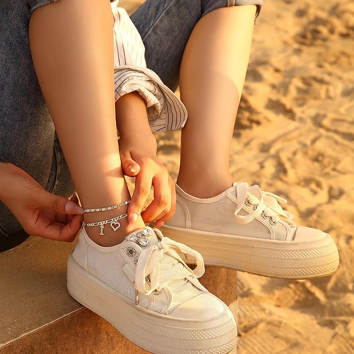 Initial Ankle Bracelets for Women Waterproof 14K Gold Plated Dainty Layered Figaro Chain Letter Initial CZ Heart Ankle Bracelets Set Summer Beach Jewelry for Women