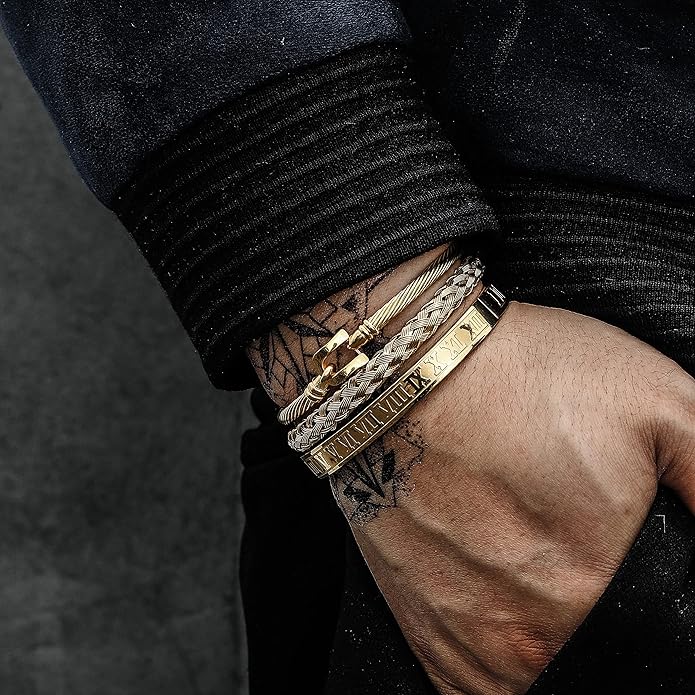 WFYOU 3PCS Stainless Steel Bracelets for Men Gold Roman Numeral Bangle Bracelet Twisted Cable Bracelet Adjustable Cuff Bracelet Mens Luxury Jewelry Bracelets Gifts