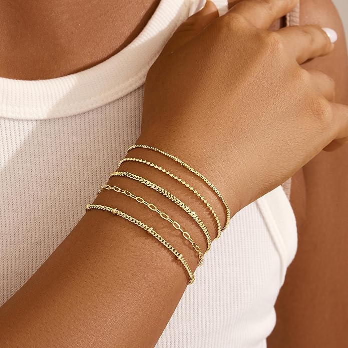 Gold Bracelets for Women Non Tainish,Dainty Bracelets Stack for Women Trendy, Gold Plated Cuff Bracelets Stack With Beaded Cuban Paperclip Snake Rope Bangle Hand Chain Jewelry Gifts for Women