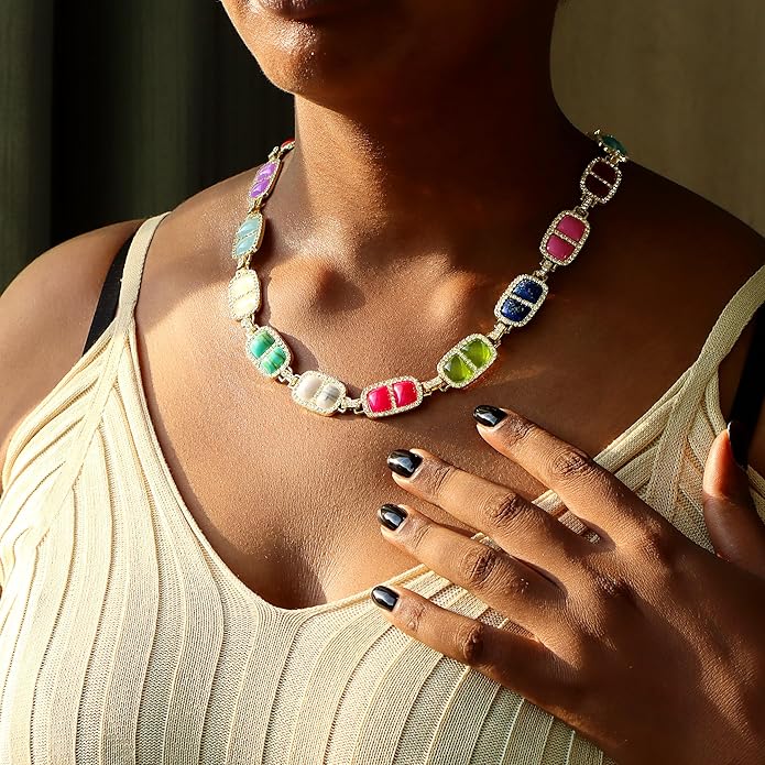 Chunky Necklace for Women 12 Colors Diamond Stone Gold Statement Necklace for Women Full Trendy Blue Birthstone Choker Necklace for Women Square Design Necklace Jewelry