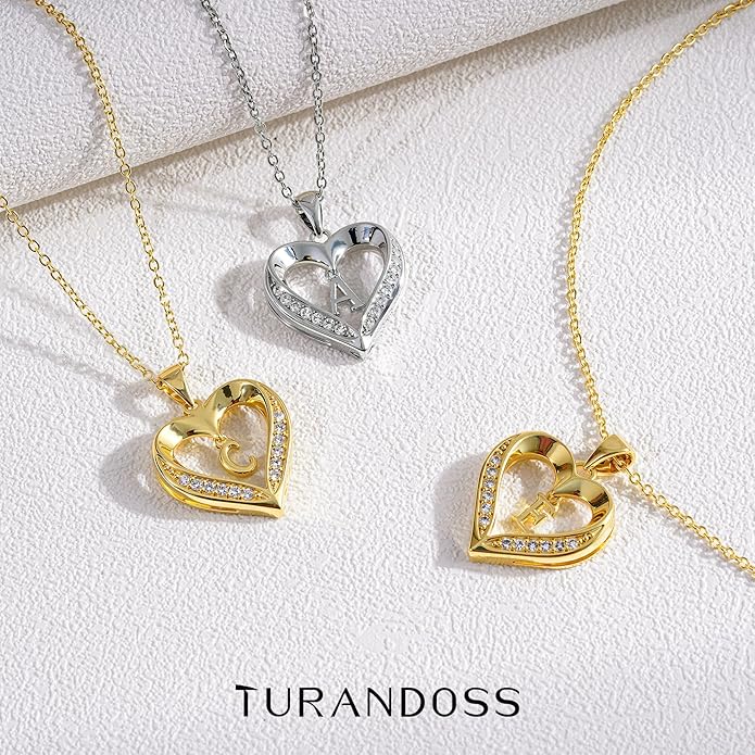 Turandoss Heart Initial Necklaces for Women - Dainty 14K Gold Plated CZ Heart Pendant Necklace with Tiny Letter A-Z, Non Tarnish Waterproof Trendy Jewelry Gifts for Mom Wife Girlfriend