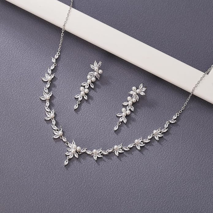 EleQueen Women's Simulated Pearl Wedding Jewelry Set, Cubic Zirconia Marquise Floral Bridal Necklace Earrings Bracelet Sets