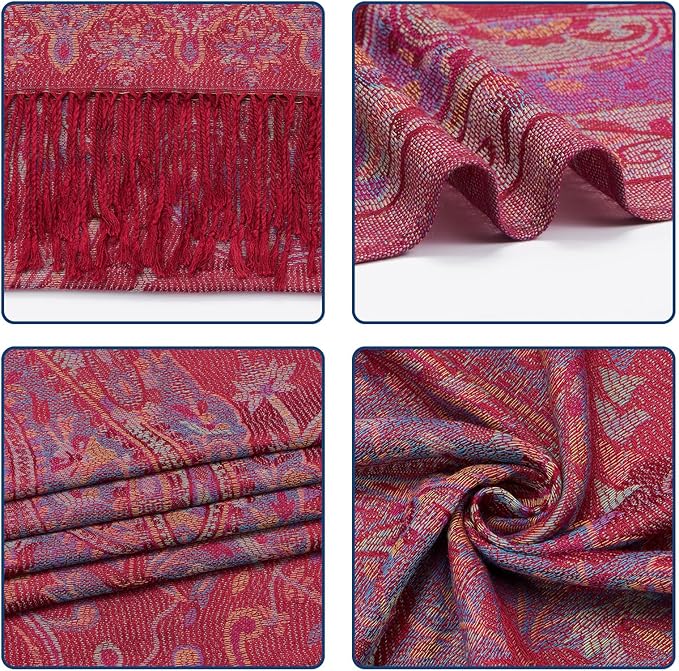 QIUTIMIY Paisley Pashmina Shawl Wrap Women Reversible Vintage Jacquard Pashmina Rave Scarf with Fringe for Evening, Wedding