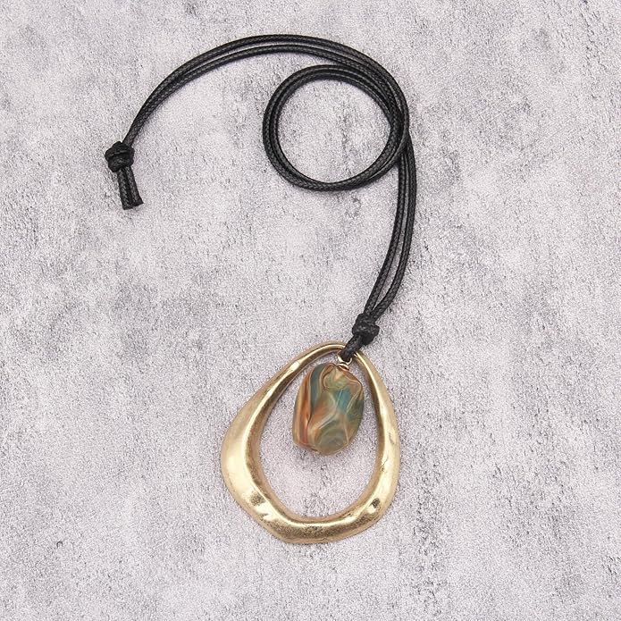 Long Boho Necklaces for Women Vintage Leather Wooden Pendant Y Choker Ethnic Style Gold Circle Hippie Sweater Necklace