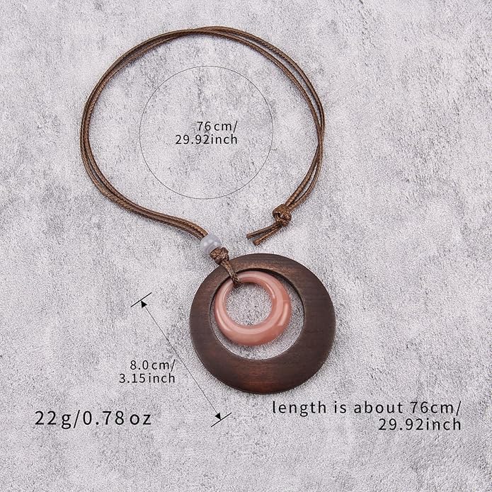 Long Boho Necklaces for Women Vintage Leather Wooden Pendant Y Choker Ethnic Style Gold Circle Hippie Sweater Necklace