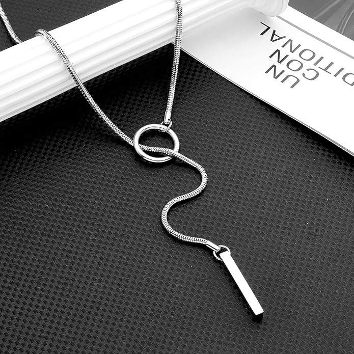 Slip Chain Necklaces for Women Stainless Steel Bar Pendant Choker Necklace Boho Handmade Long Lariat Necklace Silver Statement Punk Rock Collar Jewelry