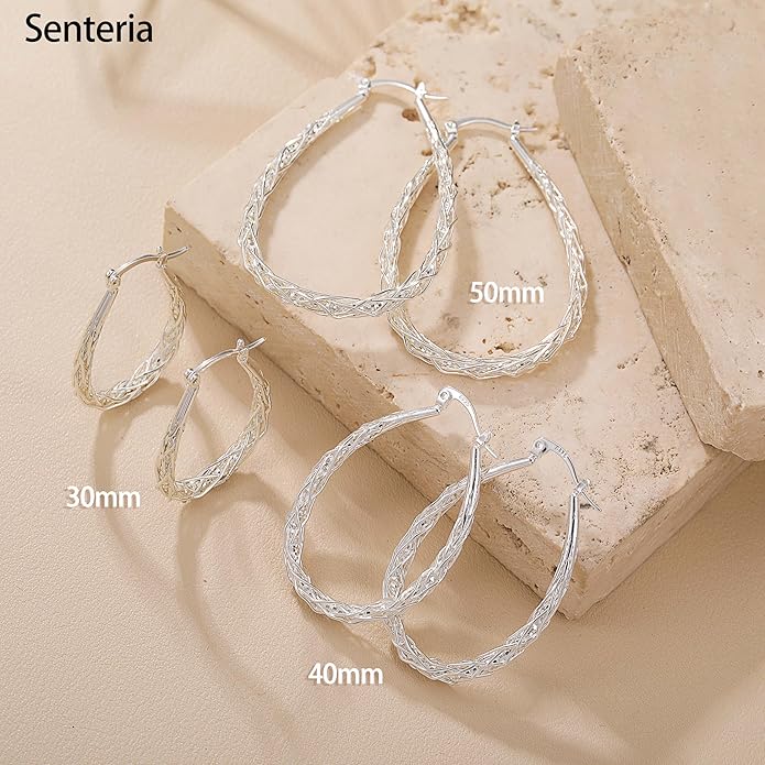 Senteria Sterling Silver Hoop Earrings - Medium, Lightweight, Thick Twist Oval Hoops