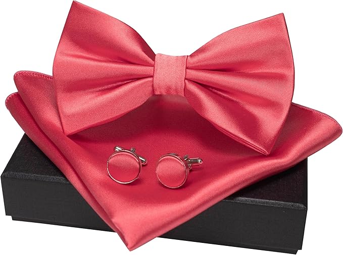 JEMYGINS Solid Color mens Pre-tied Bow Tie and Pocket Square Cufflinks Sets with Gift Box