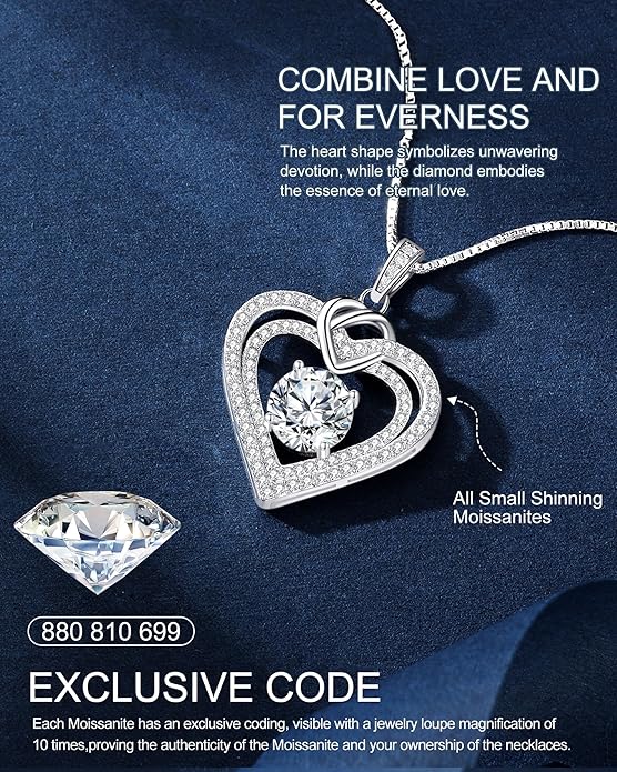 ForeverLove Heart Necklaces for Women, 1-3 Carat Moissanite Necklace Engraved 'I LOVE YOU', Wedding Anniversary Birthday Christmas Valentines Engagements Mothers Day Jewelry Gifts for Mom Wife Her Girlfriend
