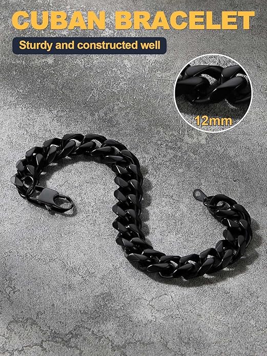 U7 Link Bracelets for Men, Cuban Link/Rope/Watch Band Solid Bracelet, Silver Black Gold Color Wrist Bracelet 3/6/9/12/15mm Width, 6.5/7.5/8.3 Inch Length, Hand Chain Jewelry for Mens Women