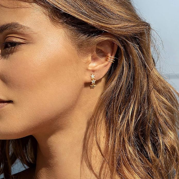 Gold Huggie Hoop Earrings 14K Gold Plated Dainty Chunky Thick Hoop Diamond Cubic Zriconia Inlay Sleeper Tiny Delicate Boho Beach Simple Hypoallergenic Jewelry Gift for Her