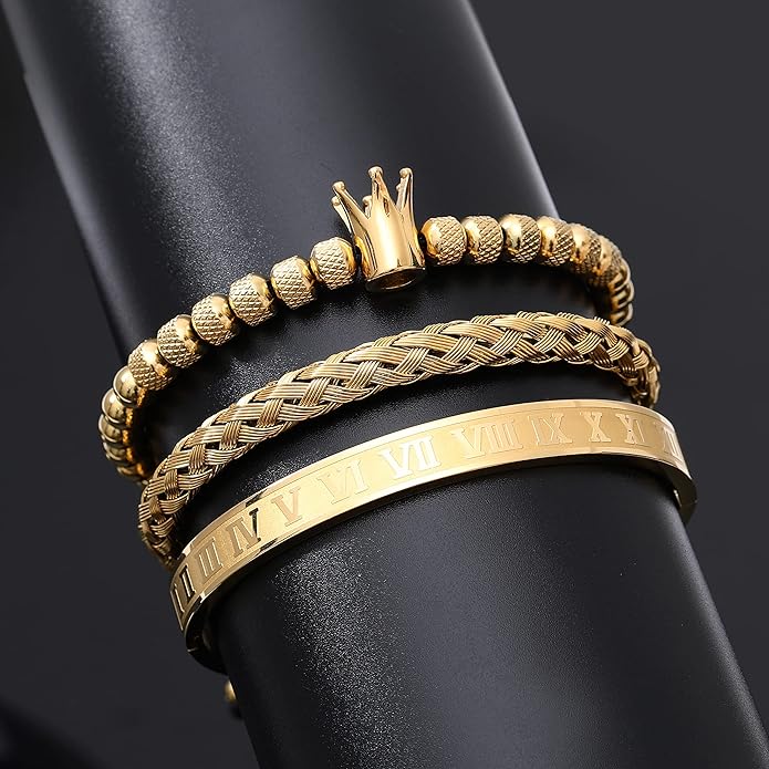 WFYOU 3PCS Stainless Steel Bracelets for Men Gold Roman Numeral Bangle Bracelet Twisted Cable Bracelet Adjustable Cuff Bracelet Mens Luxury Jewelry Bracelets Gifts