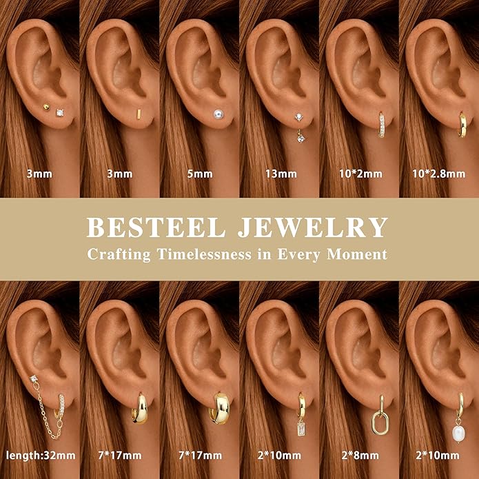 BESTEEL 13 Pairs Small Stud Hoop Earrings Set for Women Hypoallergenic Gold Plated Huggie Hoops Pearl Dainty Lightweight Earrings for Gift