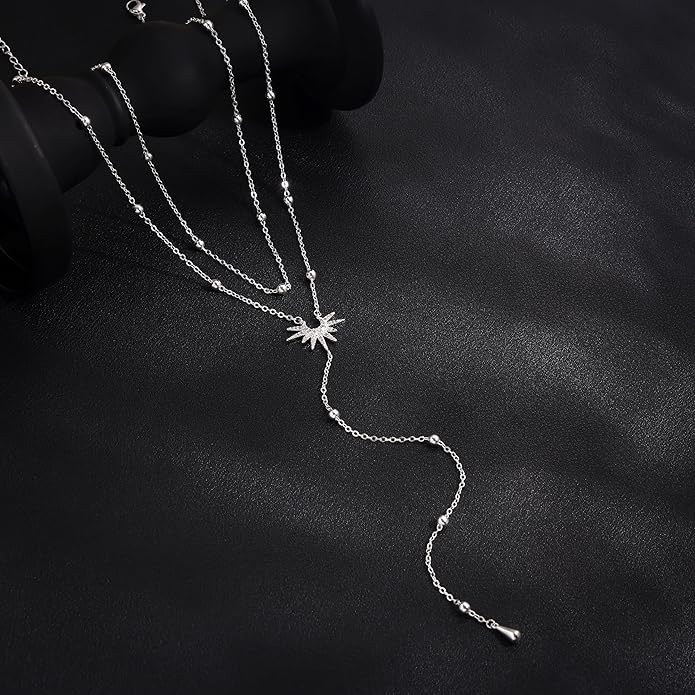 CHESKY Lariat Gold Necklace for Women Trendy, Dainty Long Necklace 14k Gold Plated/Silver Y-Shaped Pendant Necklace Layered Cz Beaded Chain Drop Necklaces Simple Gold Jewelry For Women Gift
