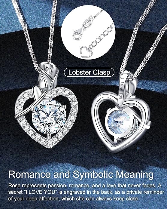 N9NEMUSES Rose Heart Pendant Necklace for Wife, 2-4 Carat Moissanite 925 Sterling Silver Necklace, Wedding Anniversary Present or Birthday Christmas Valentines Day Jewelry for Wife Her Girlfriend Mom Daughter