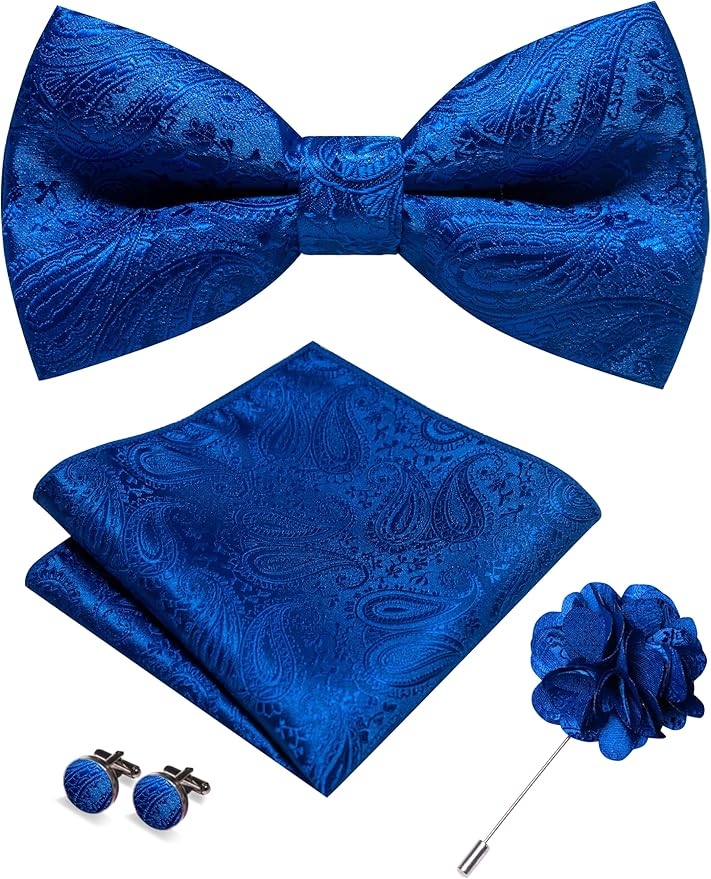 JEMYGINS Mens Paisley Bow Tie and Lapel Pin Necktie Pocket Square and Tie Clip with Sets for Business Casual 4PCS