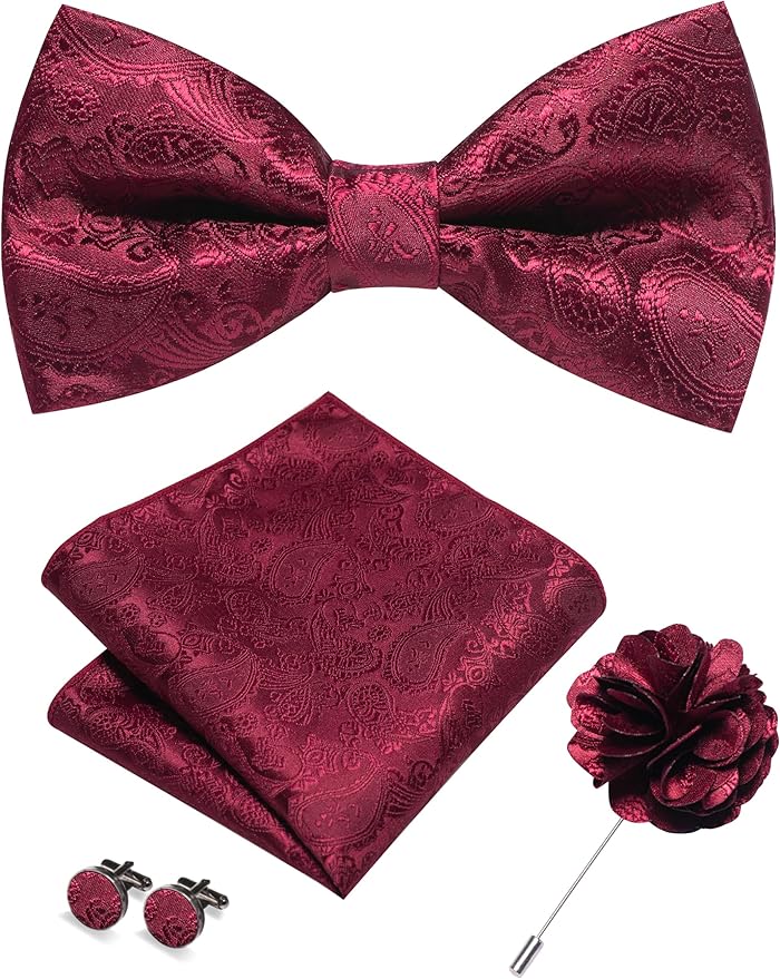 JEMYGINS Paisley Pre-tied Bow Tie and Pocket Square Cufflinks Lapel Pin Sets for Men 4PCS