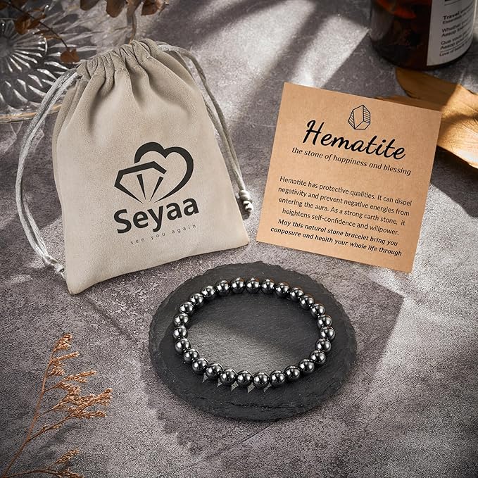 Seyaa Hematite Bracelet Natural Stone Beaded Stretch Bracelets Gifts for Men Bracelet