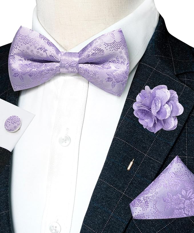 JEMYGINS Floral Pre-tied Bow Tie and Pocket Square Cufflinks Lapel Pin Sets for Men 4PCS