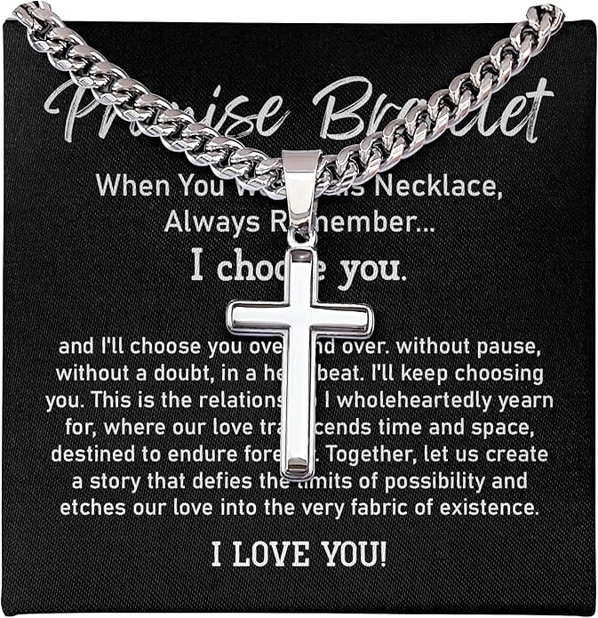 FLAGISTA Promise Cross Necklace for Him – Stainless Steel Cross Pendant with Cuban Link Chain, Meaningful Promise Gift for Husband, Boyfriend or Loved One.