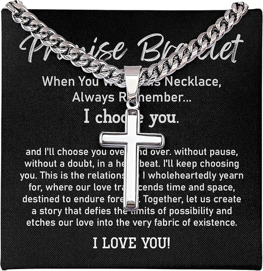 FLAGISTA Promise Cross Necklace for Him – Stainless Steel Cross Pendant with Cuban Link Chain, Meaningful Promise Gift for Husband, Boyfriend or Loved One.