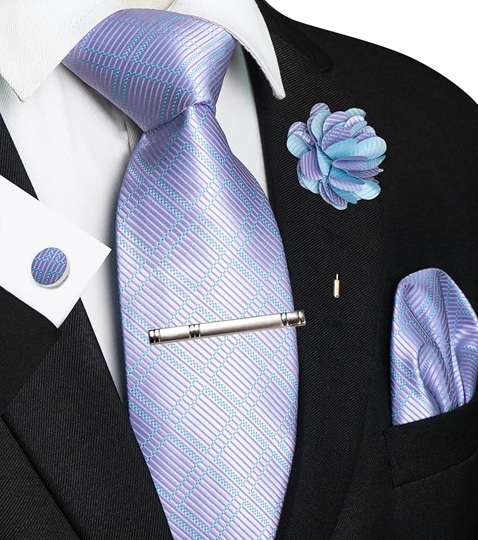 JEMYGINS Mens Tie and Lapel Pin Necktie Pocket Square Cufflinks and Tie Clip Sets for Business Casual 5PCS