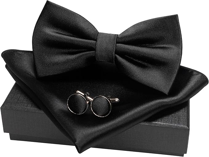 JEMYGINS Solid Color mens Pre-tied Bow Tie and Pocket Square Cufflinks Sets with Gift Box