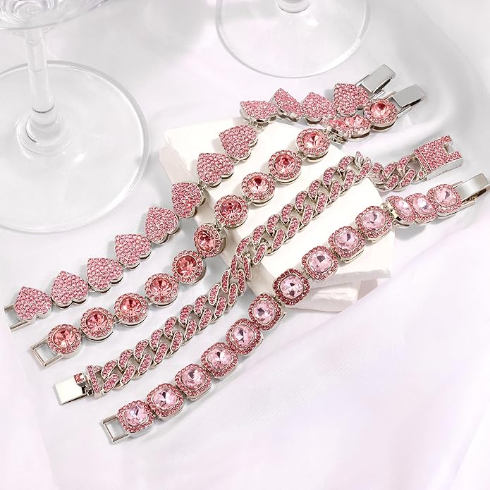 shopbyskyler 4PCS Gold Bracelets for Women Silver Clustered Tennis Bracelet for Women Heart Round Diamond Cuban Bracelet Layered Link Bracelet Set Fashion Jewelry for Women Set