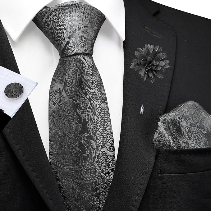 GUSLESON 8cm Paisley Tie Set for Men Necktie Lapel Pin Pocket Square Cufflinks Set for Men