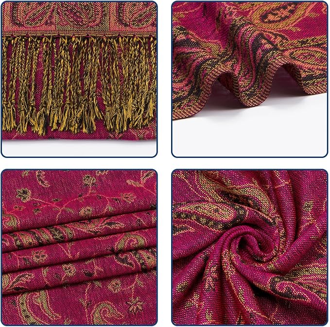 QIUTIMIY Paisley Pashmina Shawl Wrap Women Reversible Vintage Jacquard Pashmina Rave Scarf with Fringe for Evening, Wedding