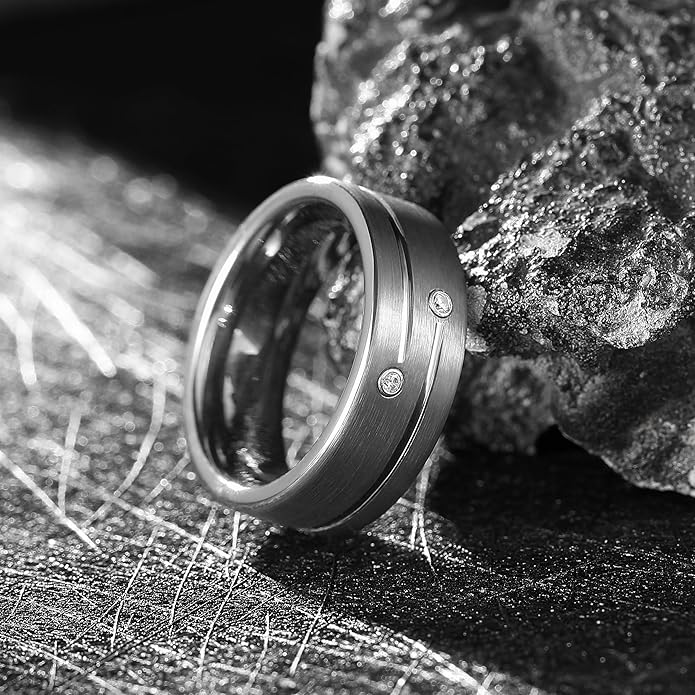 King Will Mens Tungsten Wedding Band with Cubic Zircon Inlay 7mm/8mm Flat Cut Comfort Fit Engagement Rings