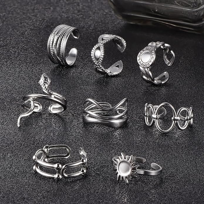 LOLIAS 16Pcs Stainless Steel Rings for Women Chunky Silver Rings Non Tarnish Stackable Ring Open Adjustable Thumb Finger Statement Rings Set